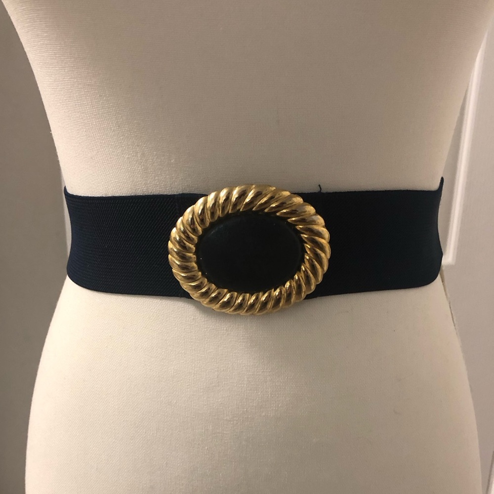 Women's Vintage 80’s Deep Blue Stretch Elastic Gold Cinch Belt Buckle S-M